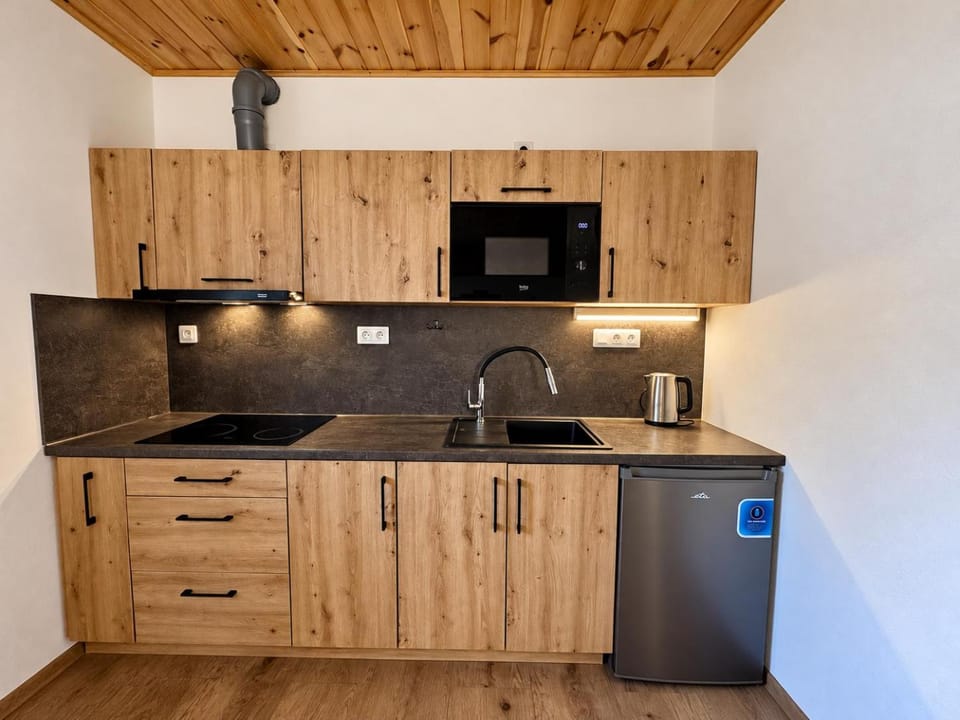 Kitchen or kitchenette, dishwasher, microwave, stove