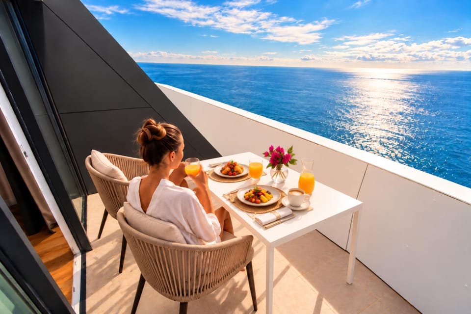 Day, People, Natural landscape, View (from property/room), Balcony/Terrace, Food and drinks, Dining area, Food, Sea view, Breakfast, Continental breakfast, Lunch, Dinner, Drinks, group of guests