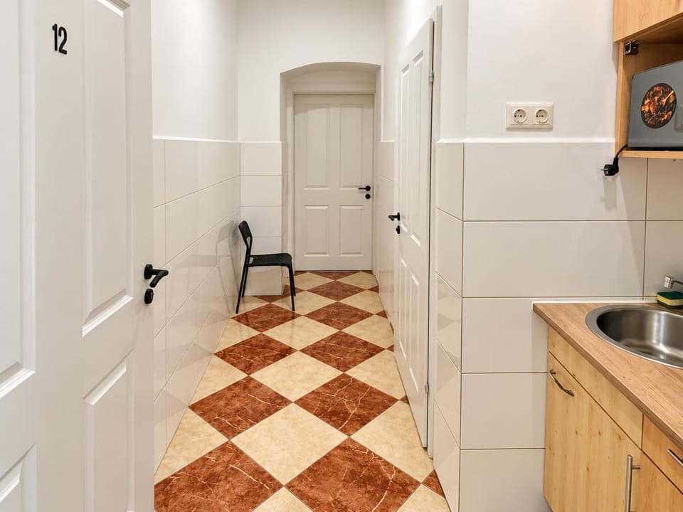 Kitchen or kitchenette, stove