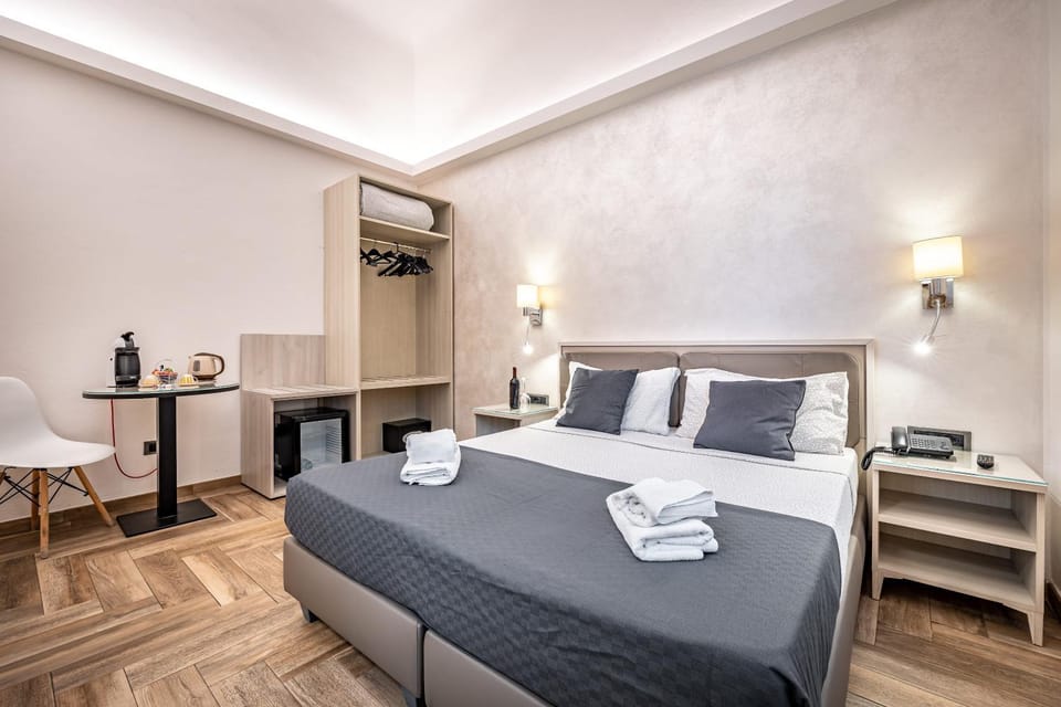 Bed, Photo of the whole room, Bedroom, hair dresser, towels, wardrobe