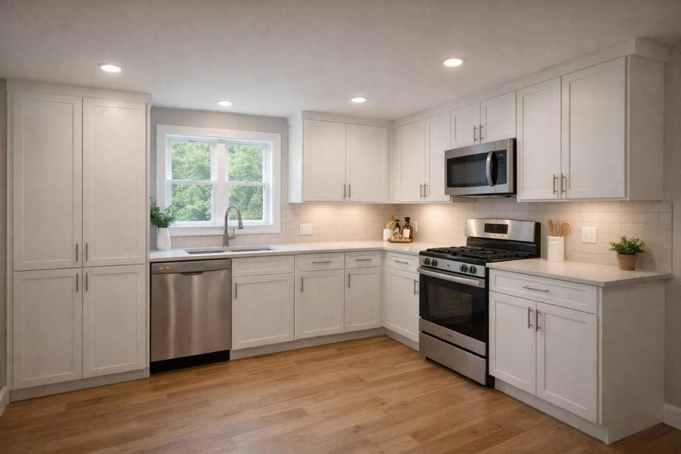Kitchen or kitchenette, dishwasher, oven, stove