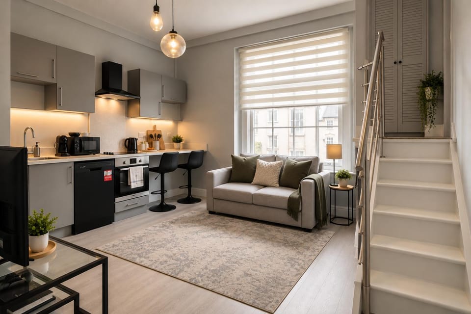 Kitchen or kitchenette, Living room, Seating area