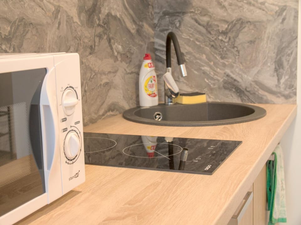Kitchen or kitchenette, microwave, stove