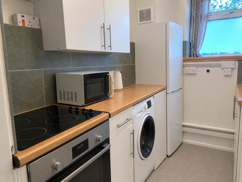 Kitchen or kitchenette, oven, stove, toaster, washing machine