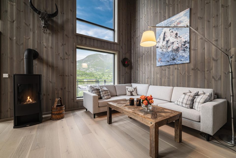 Living room, Seating area, Mountain view