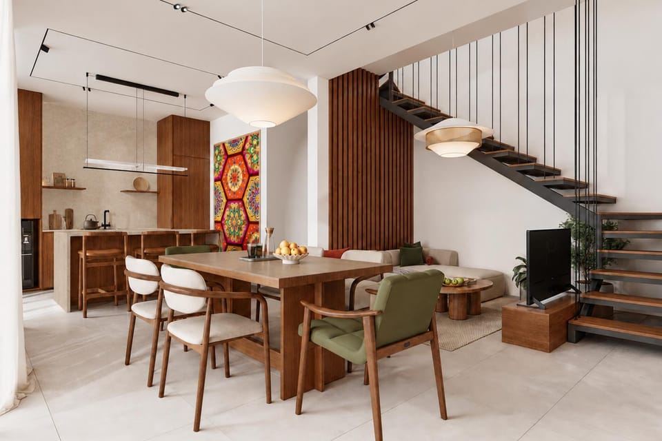 Kitchen or kitchenette, Living room, Seating area, Dining area