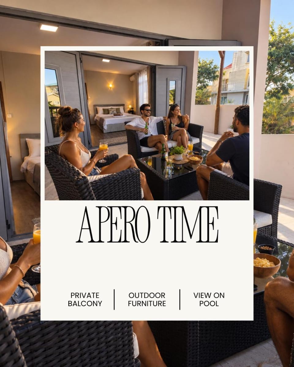 People, Balcony/Terrace, Living room, Seating area, Text overlay, group of guests