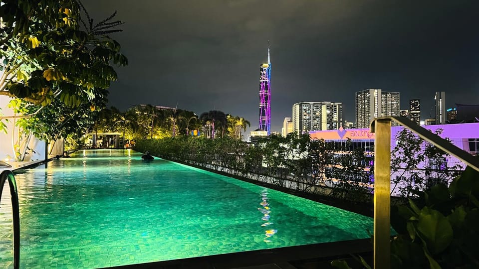 Property building, Night, City view, Pool view, Swimming pool