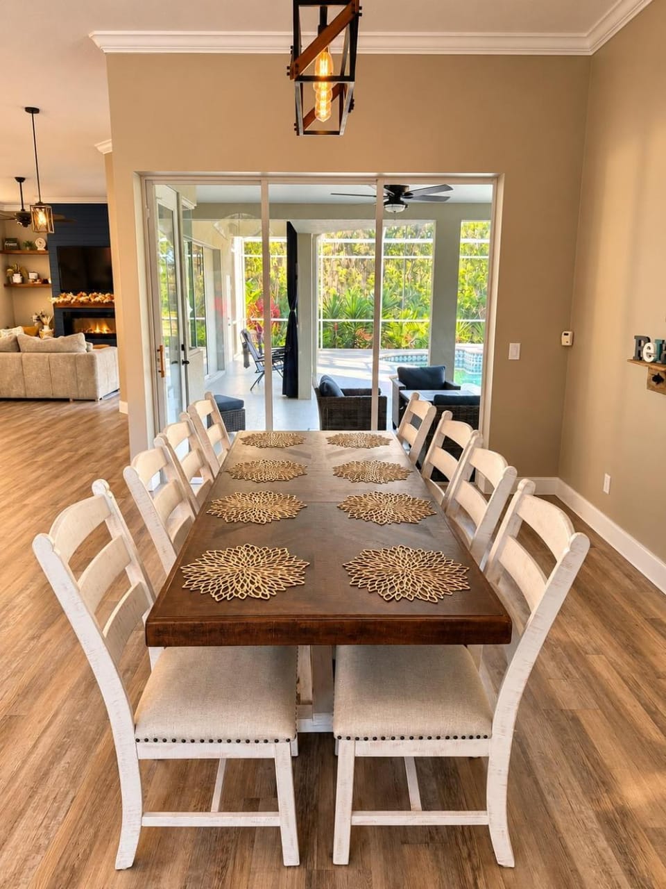 Patio, Living room, Seating area, Dining area, Pool view