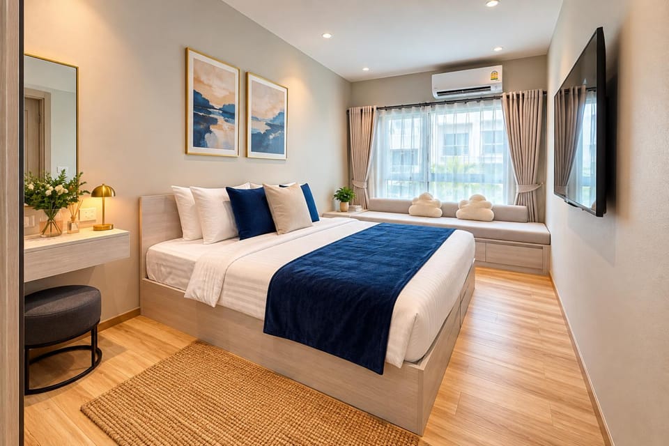 Bed, TV and multimedia, Bedroom, towels, air conditioner
