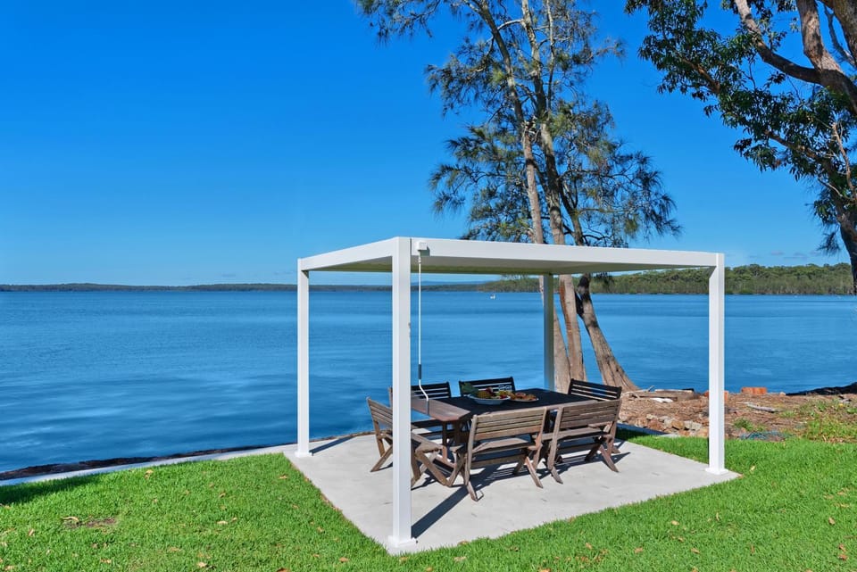Patio, Garden, Seating area, Dining area, Lake view