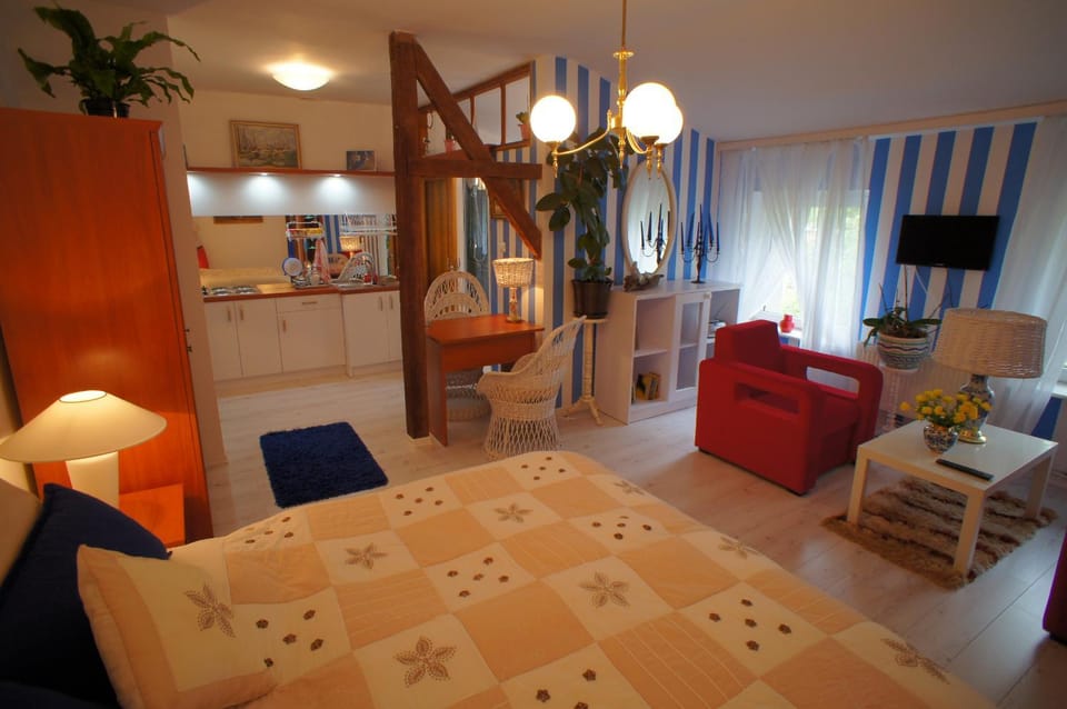 Bed, Coffee/tea facilities, Kitchen or kitchenette, Living room, Photo of the whole room, Decorative detail, Seating area, Dining area, Bedroom