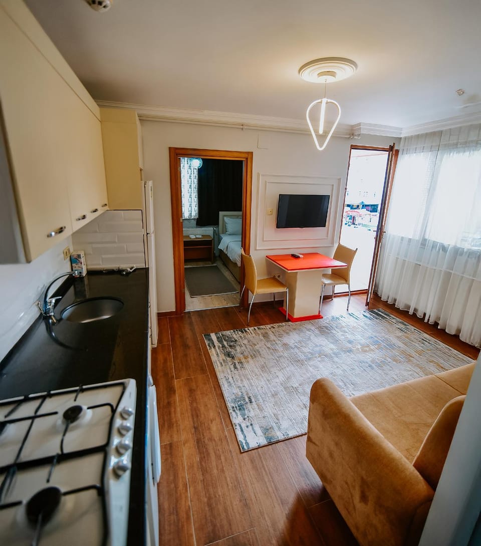 Communal lounge/ TV room, TV and multimedia, Kitchen or kitchenette, Living room, Seating area, Dining area, stove