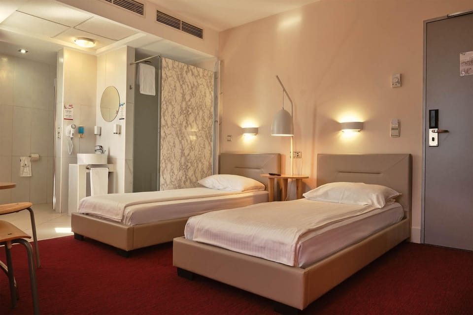 Shower, Toilet, Bed, Bathroom, Photo of the whole room, Bedroom, hair dryier, towels, wardrobe