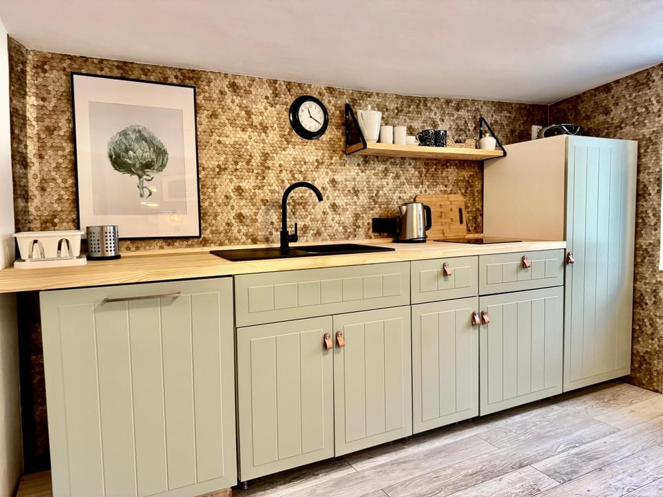 Kitchen or kitchenette, stove