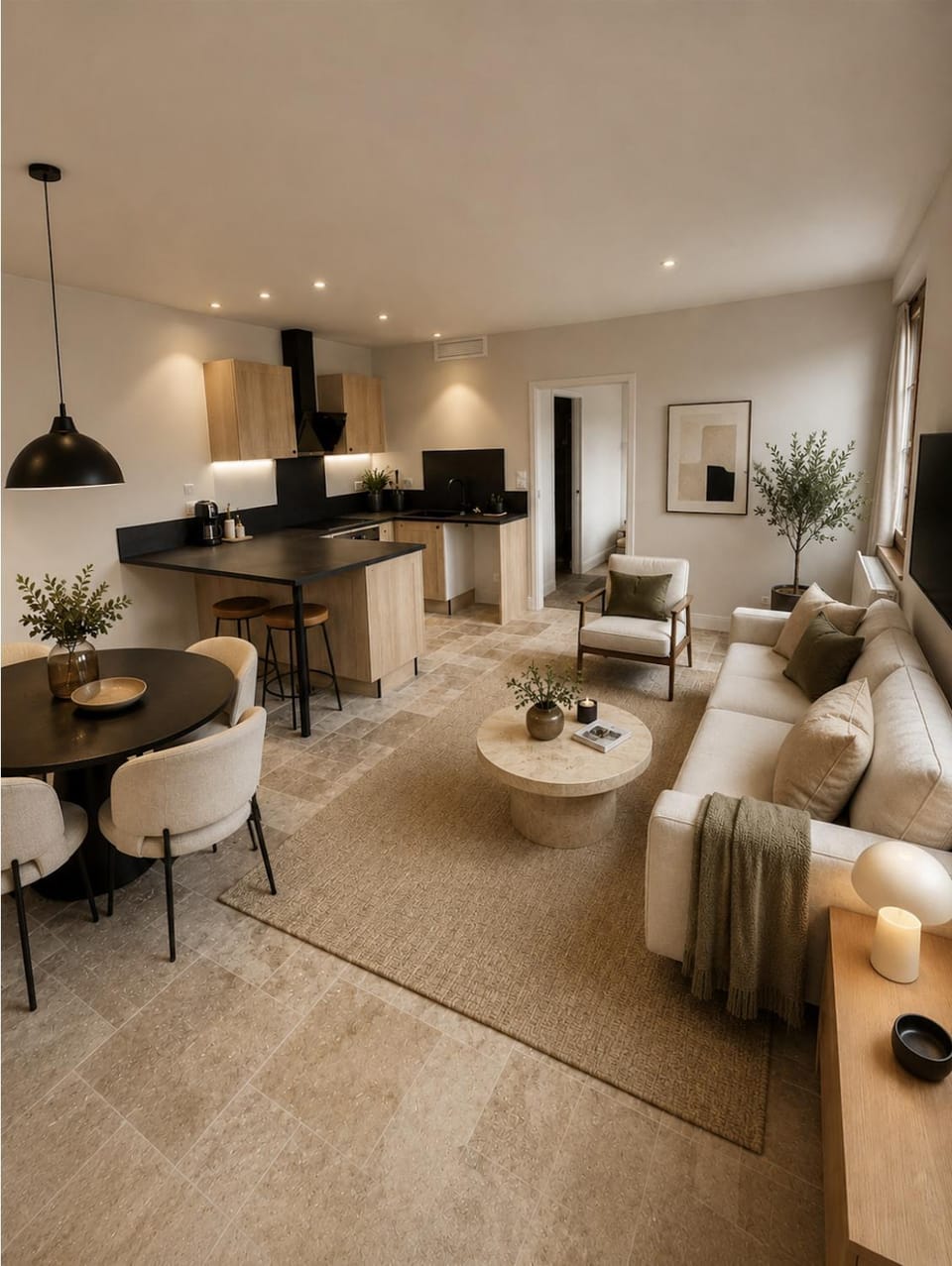Kitchen or kitchenette, Living room, Dining area