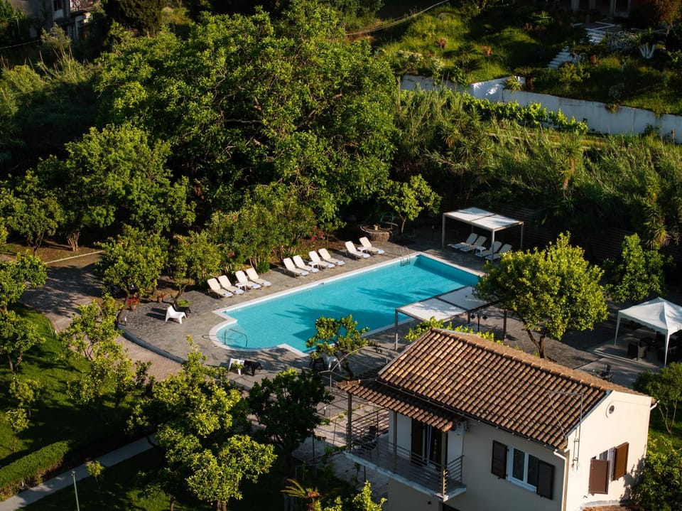 Property building, Spring, Day, Natural landscape, Bird's eye view, Garden, Garden view, Pool view, Swimming pool, sunbed