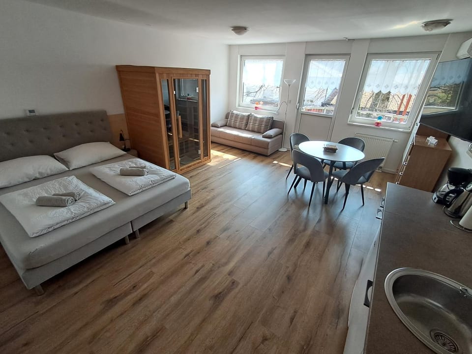 Bed, Sauna, TV and multimedia, Kitchen or kitchenette, Living room, Photo of the whole room, Seating area, Dining area, Bedroom
