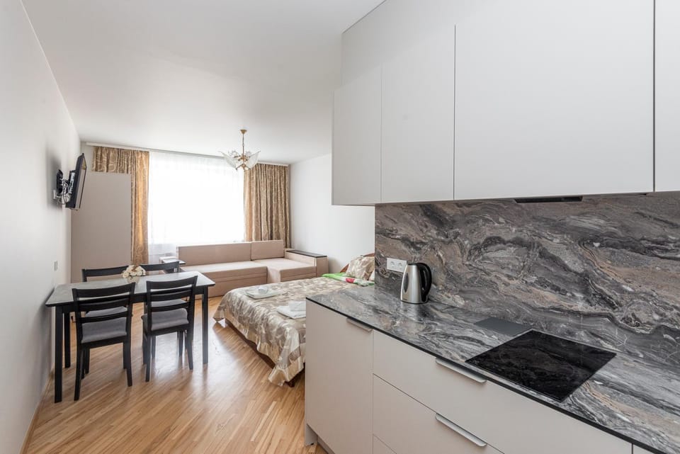 Bed, TV and multimedia, Kitchen or kitchenette, Photo of the whole room, Seating area, Dining area, Bedroom, stove