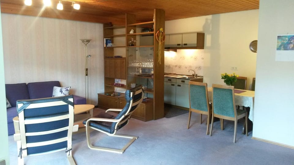 Kitchen or kitchenette, Living room, Seating area, Dining area