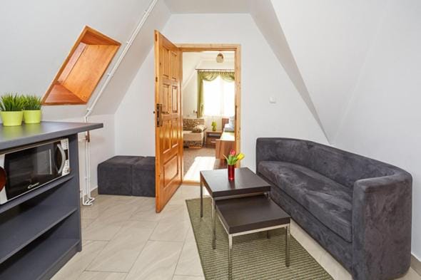 Kitchen or kitchenette, Living room, Seating area, Dining area