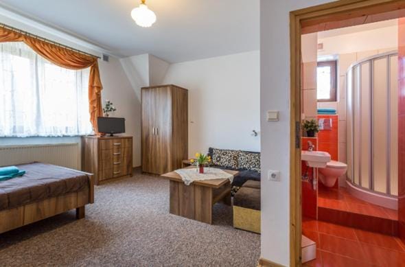 Bed, Bathroom, TV and multimedia, Photo of the whole room, Seating area, Bedroom, towels, wardrobe