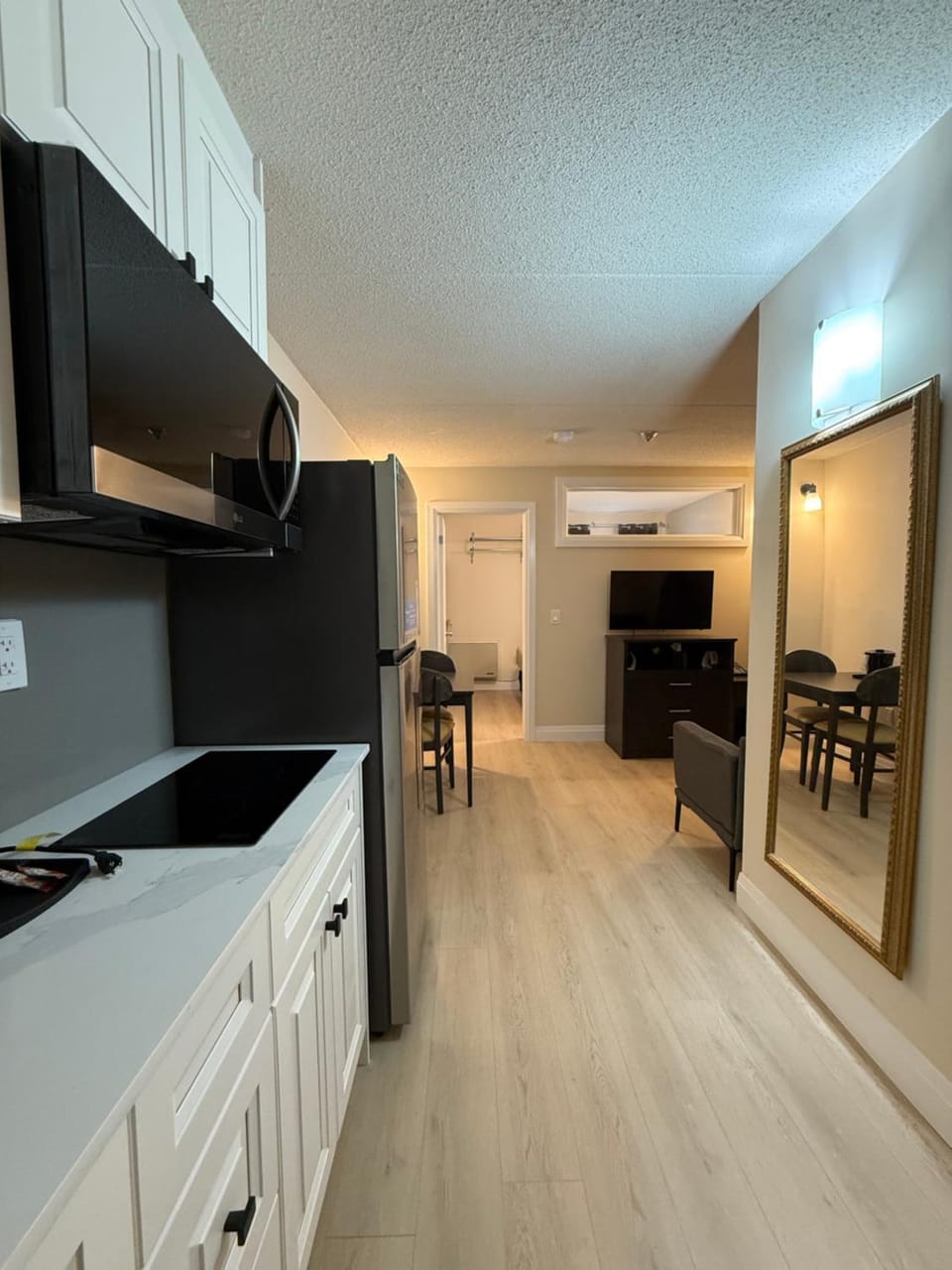 Kitchen or kitchenette, microwave, stove