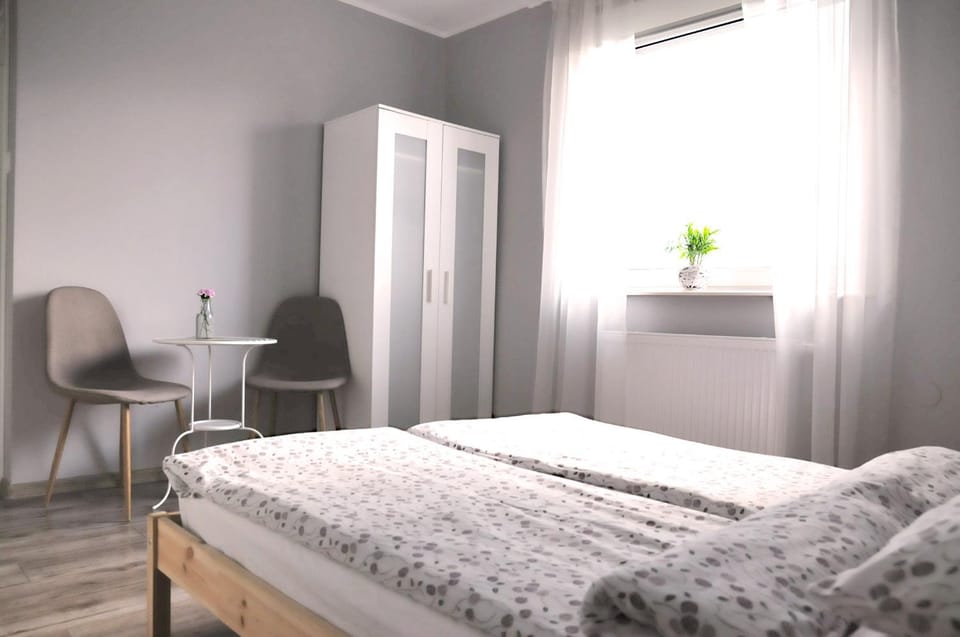 Bed, wardrobe