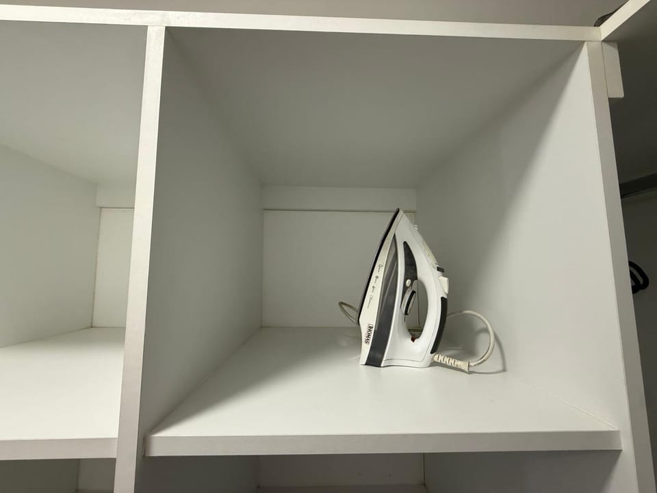 Decorative detail, flat iron, hair dryier, towels, trouser press, wardrobe