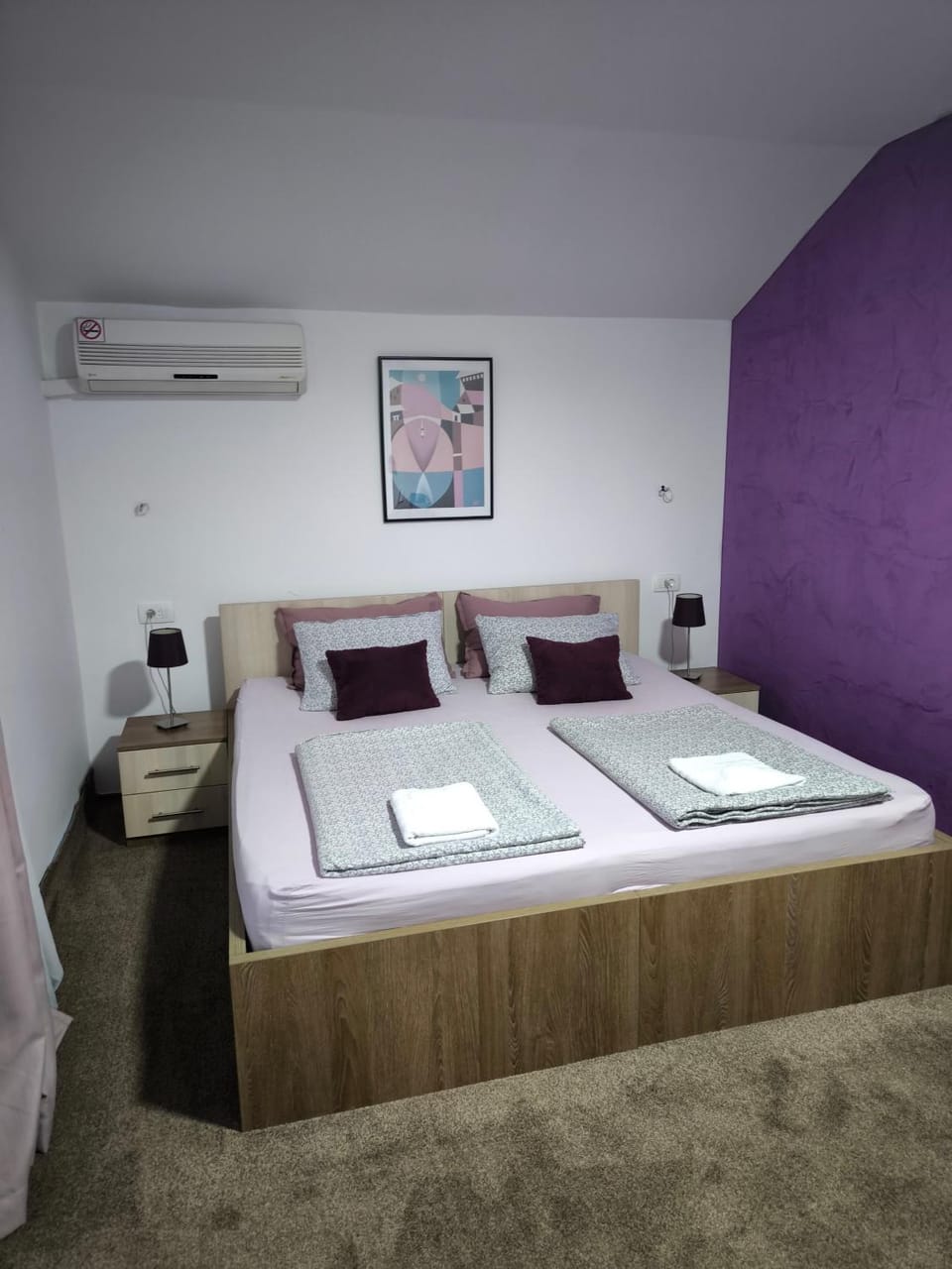 Bed, Photo of the whole room, Bedroom, towels, air conditioner