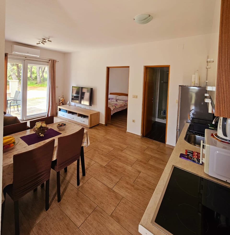 Bed, TV and multimedia, Kitchen or kitchenette, Living room, Food and drinks, Seating area, Dining area, minibar