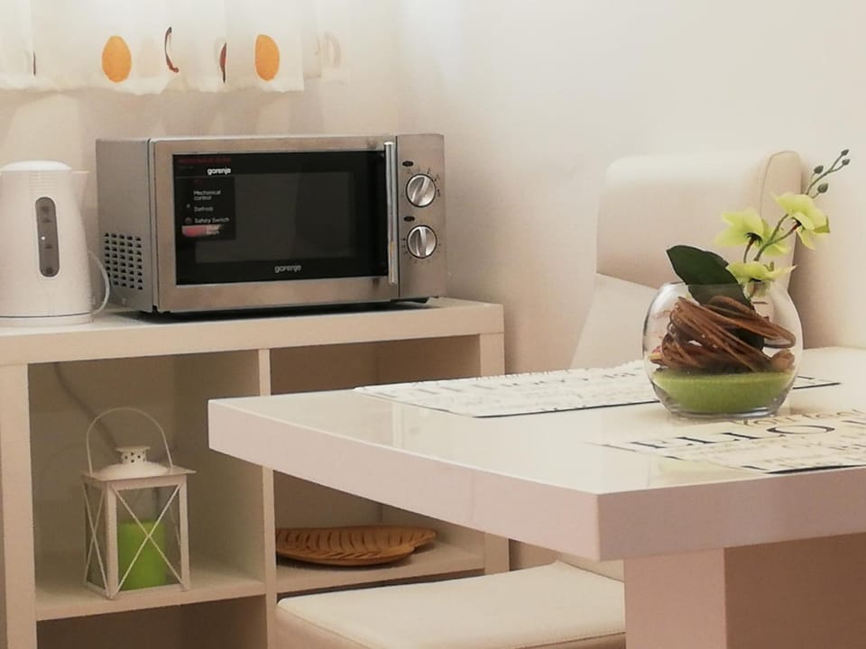 Kitchen or kitchenette, microwave