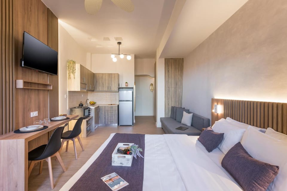 Bed, TV and multimedia, Kitchen or kitchenette, Decorative detail, Seating area, Dining area, Bedroom