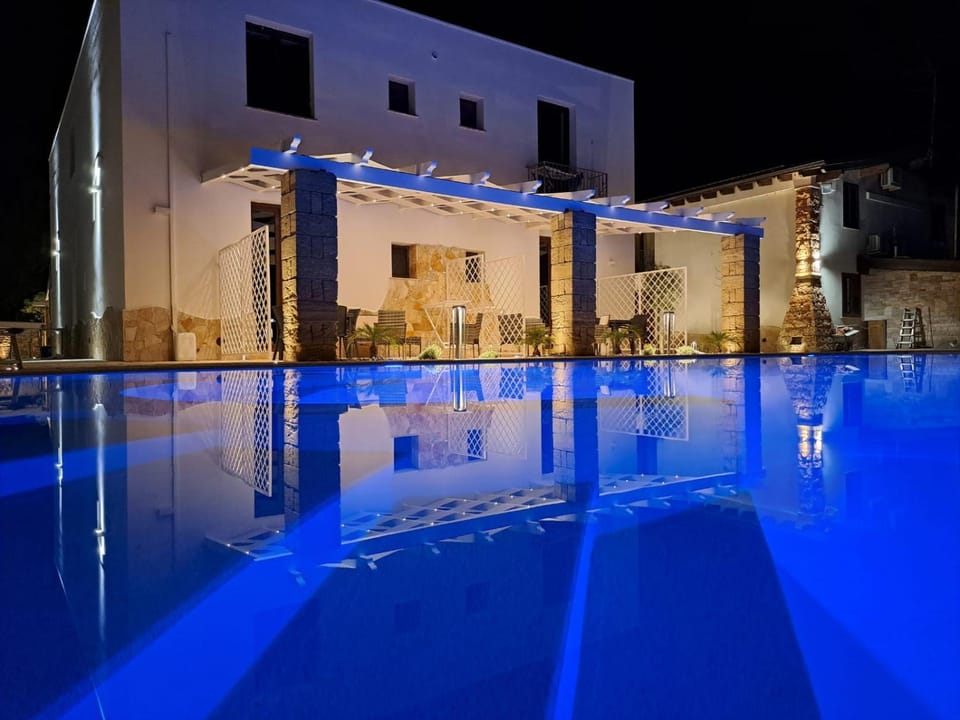 Night, Pool view, Swimming pool, sunbed