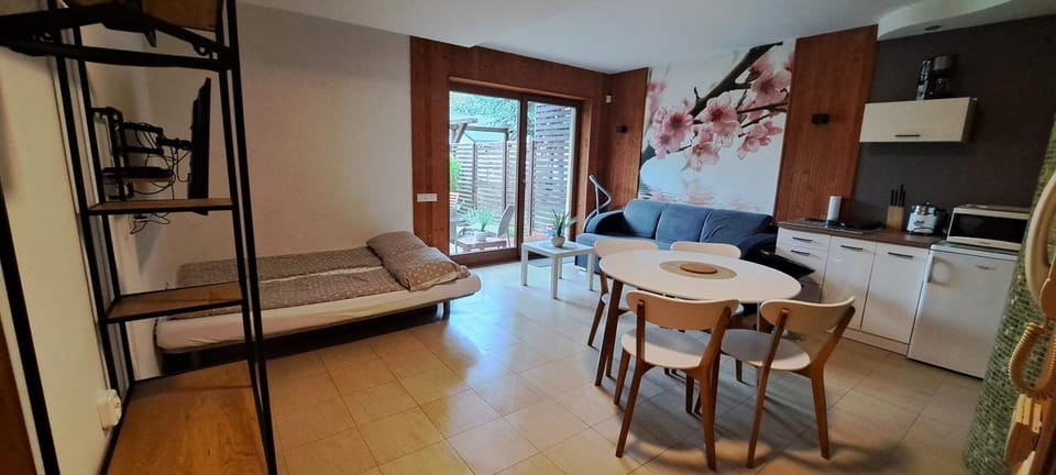 Bed, Kitchen or kitchenette, Living room, Seating area, Bedroom