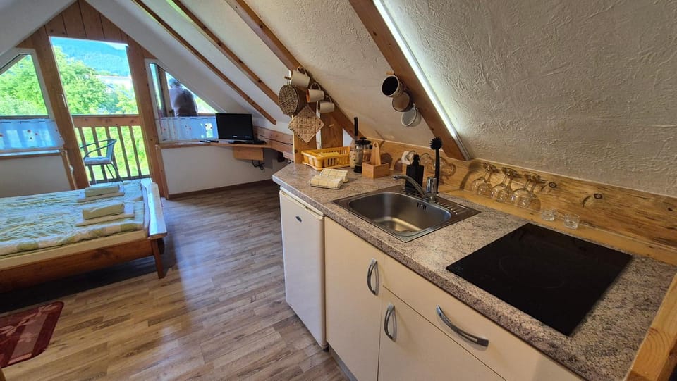 Bed, Kitchen or kitchenette, stove