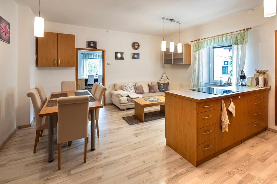 Kitchen or kitchenette, Living room, Seating area, Dining area, Diving, stove