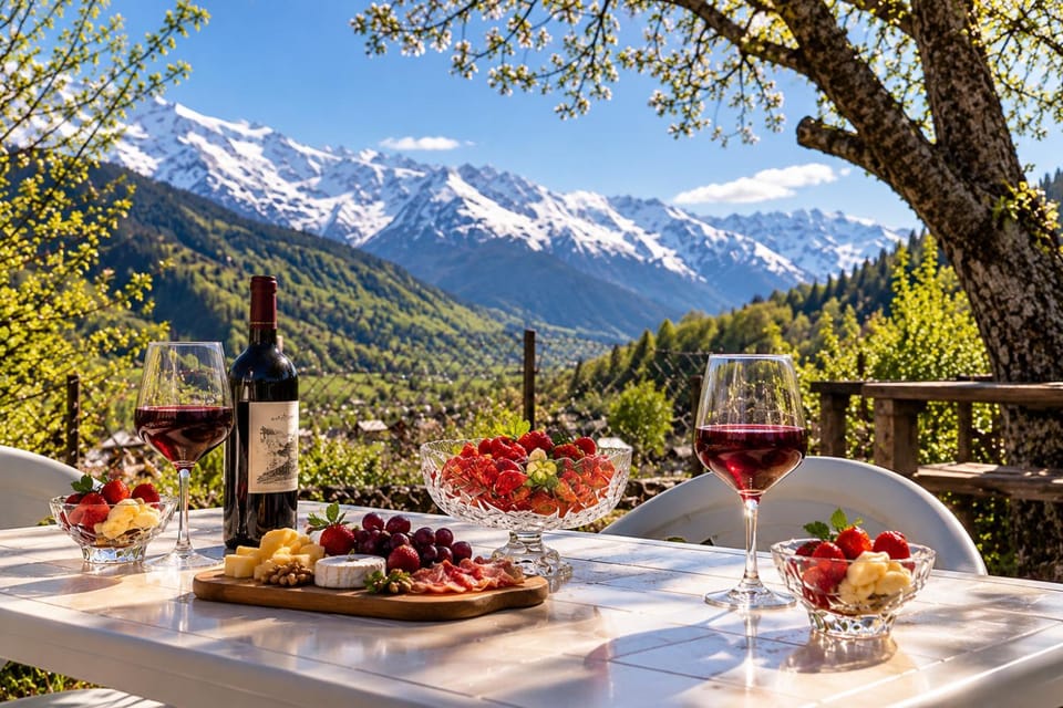 Spring, Day, Natural landscape, Food and drinks, Dining area, Food, Mountain view, Lunch, Dinner, Drinks, Alcoholic drinks