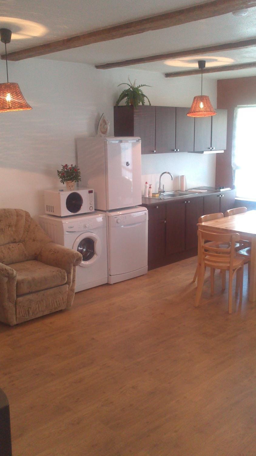 Kitchen or kitchenette, Living room, Dining area, dishwasher, washing machine