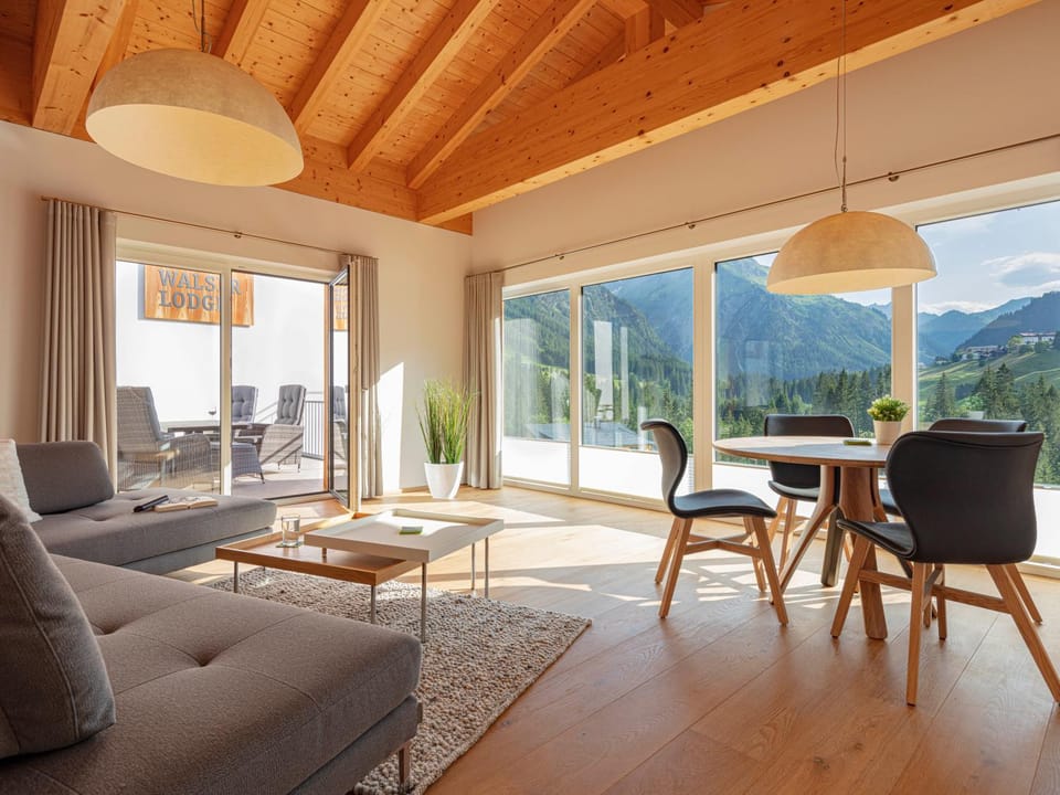 Natural landscape, View (from property/room), Living room, Seating area, Dining area, Mountain view