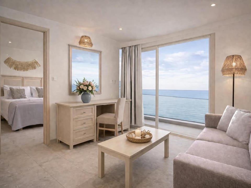 Bed, View (from property/room), Balcony/Terrace, Seating area, Bedroom, Sea view