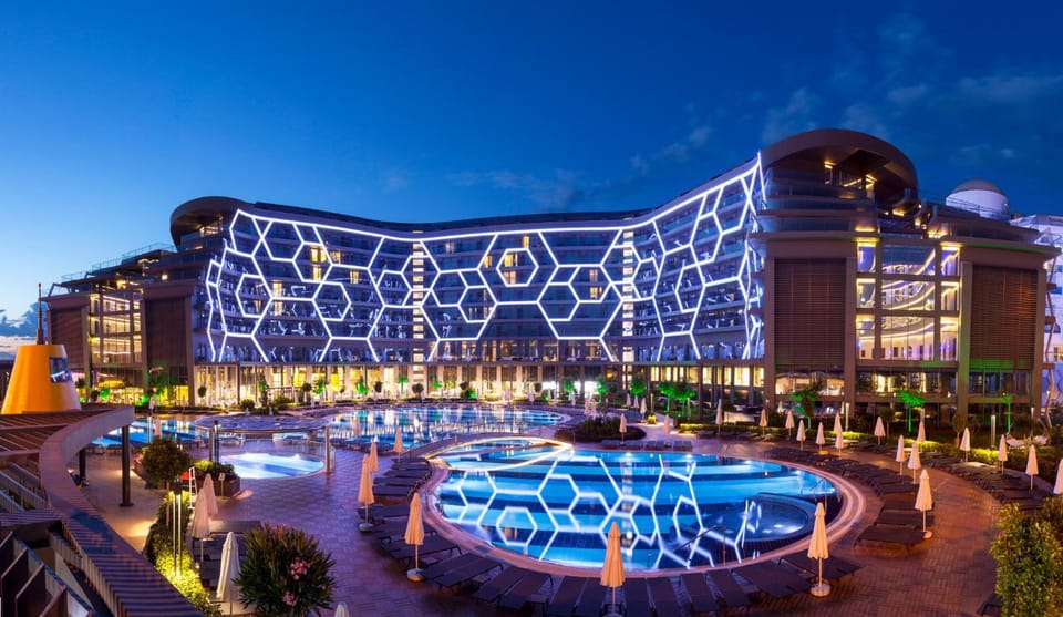 Property building, Night, Pool view, Swimming pool