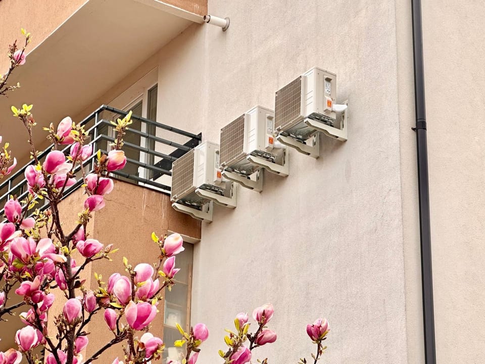 Property building, Spring, Day, air conditioner