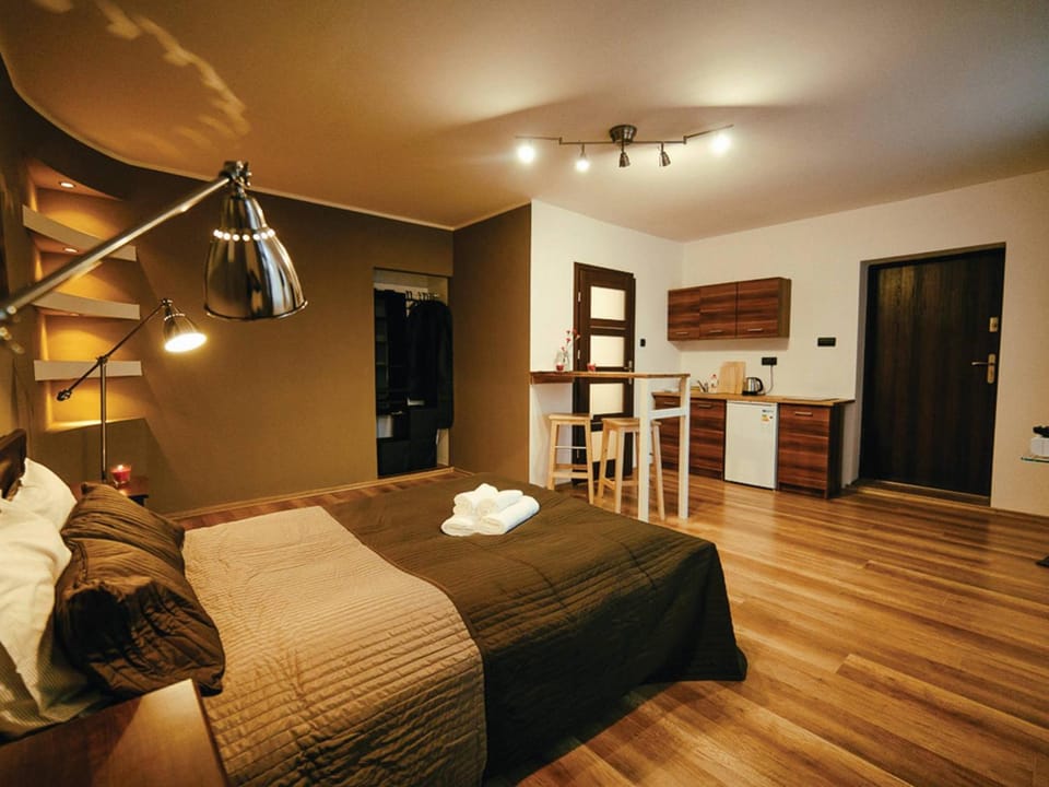 Bed, Kitchen or kitchenette, Living room, Seating area, Dining area, Bedroom