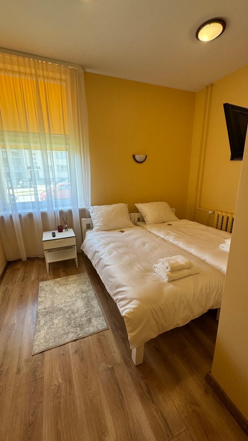 Bed, Photo of the whole room, Bedroom, towels, air conditioner