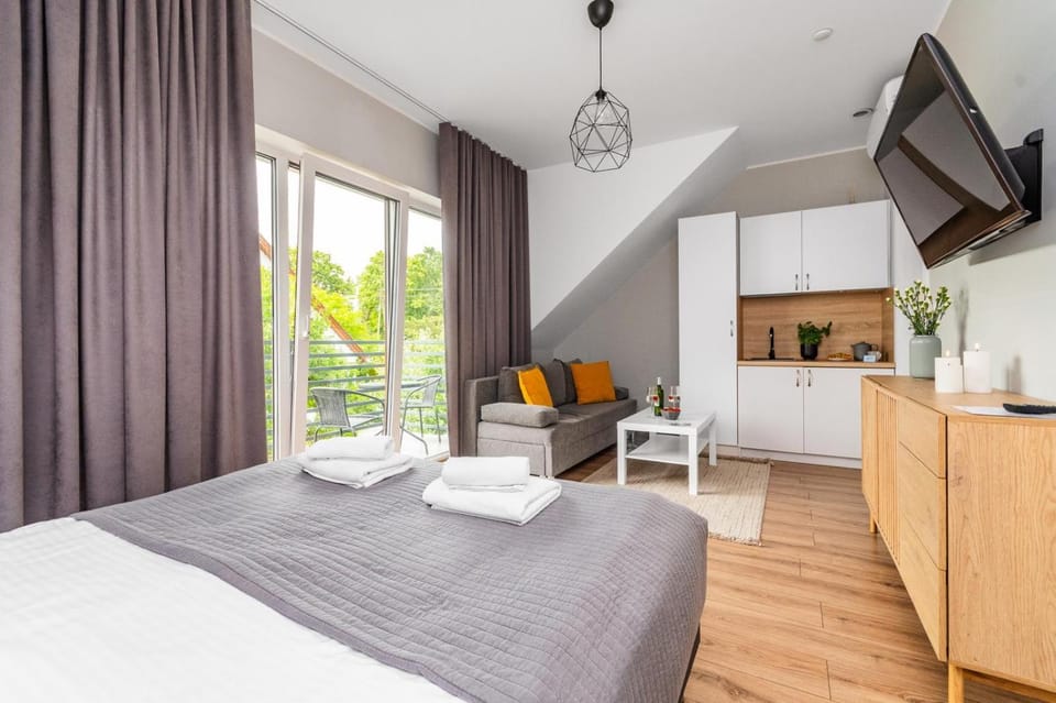 Bed, TV and multimedia, Kitchen or kitchenette, Living room, Photo of the whole room, towels