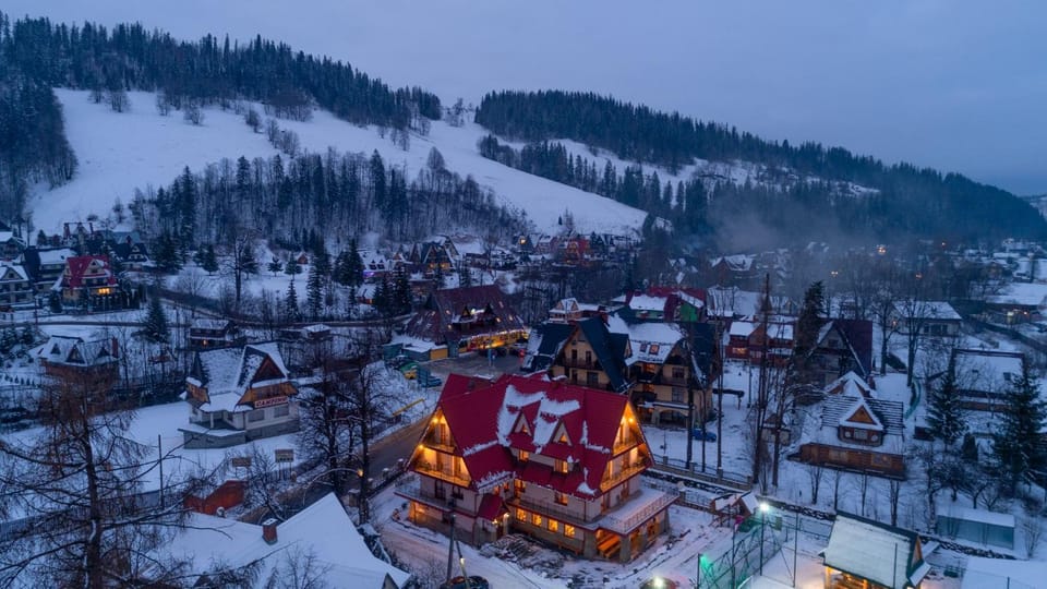 Property building, Night, Natural landscape, Bird's eye view, Winter, Mountain view