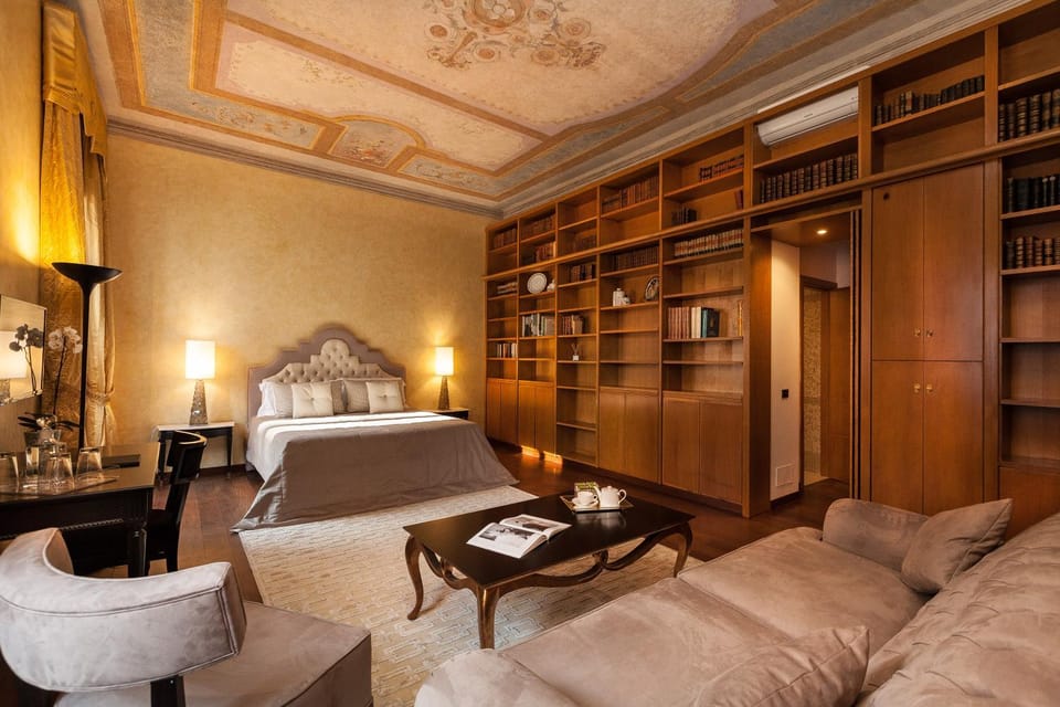 Library, Living room, Seating area, Bedroom