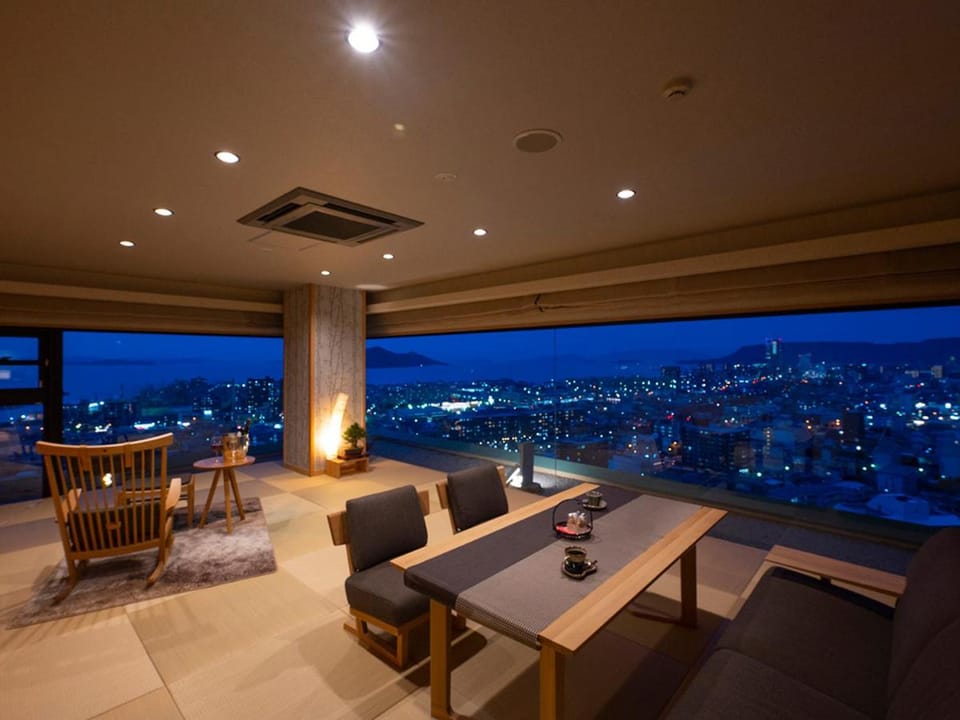 Night, Living room, Dining area, Mountain view