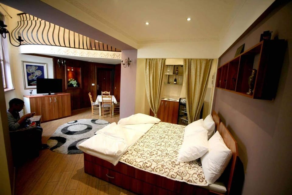 Bed, TV and multimedia, Living room, Seating area, Bedroom